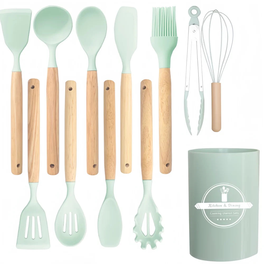 12-Piece Silicone Cooking Utensil Set with Wooden Handles & Holder