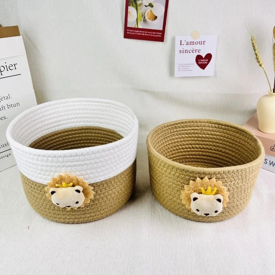 Lidded Cotton Rope Storage Basket with Lion Accent