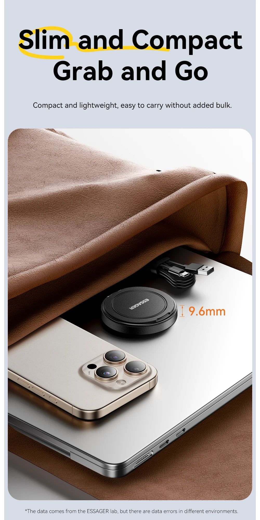 Compact magnetic charging pad shown folded in a bag and attached to a phone.