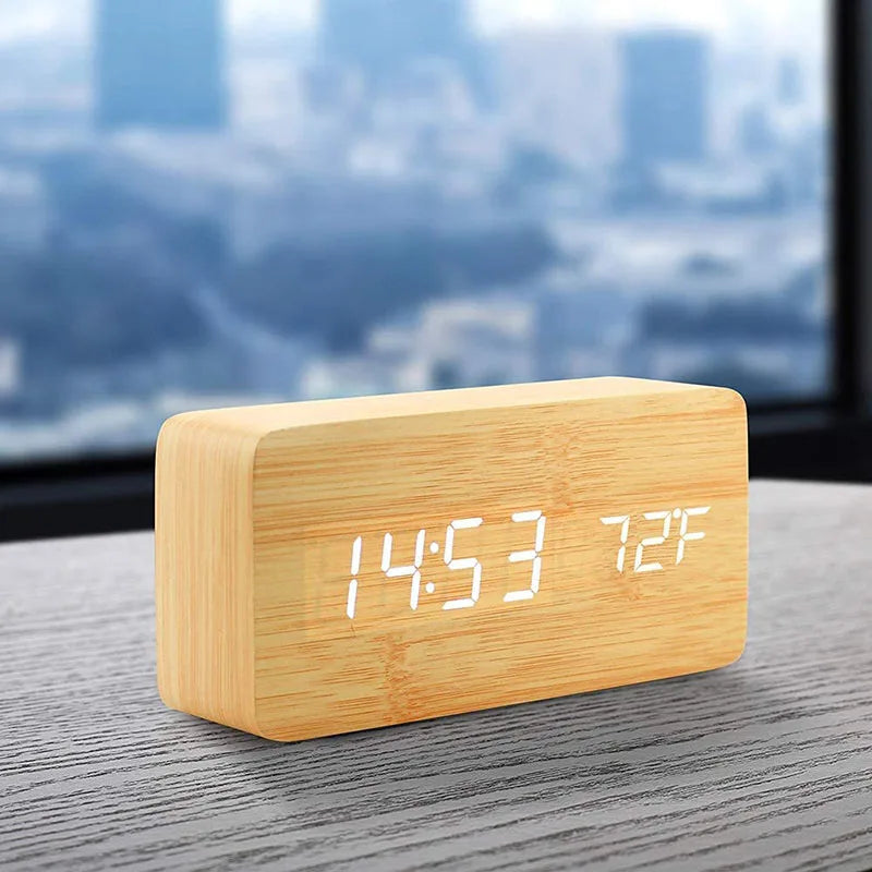 Wood-Look LED Digital Alarm Clock with Temperature Display - Bamboo