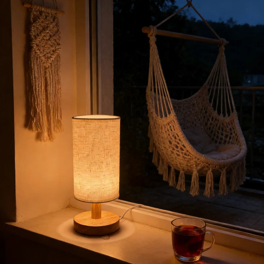 Linen Shade Wooden Bedside Lamp – USB Powered, Dimmable