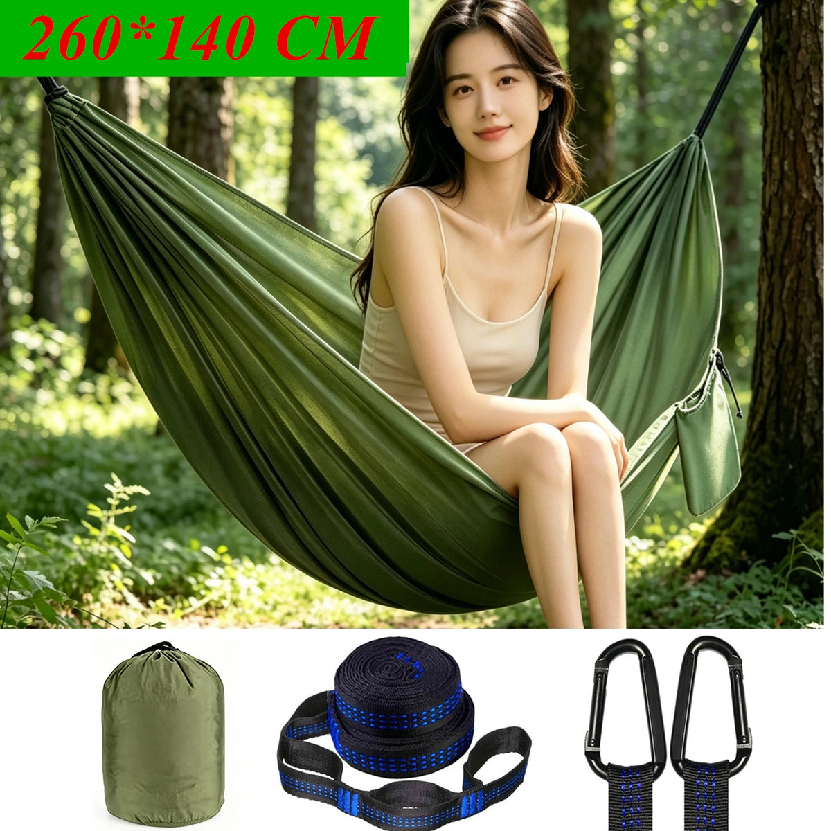 Lightweight Parachute Nylon Camping Hammock with Tree Straps & Carry Pouch