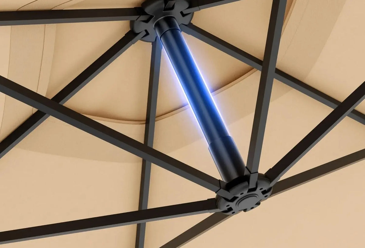 Underside view of the umbrella ribs and LED pole light