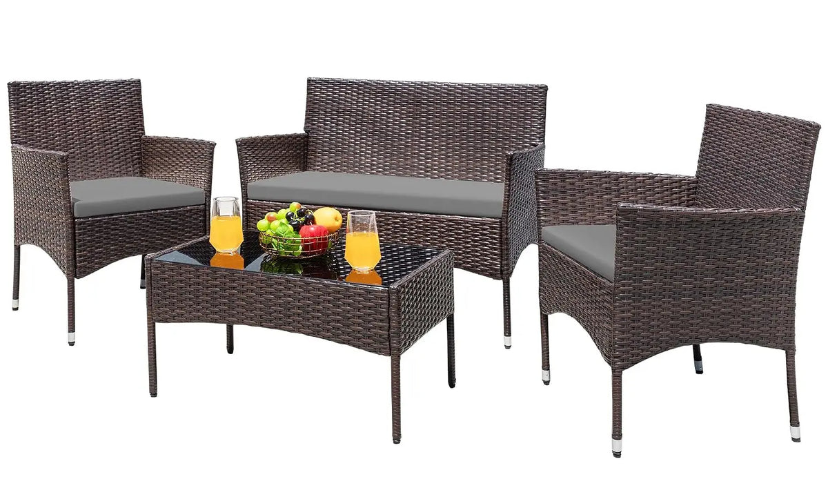 4-Piece Wicker Patio Conversation Set – Loveseat, 2 Armchairs & Glass-Top Coffee Table