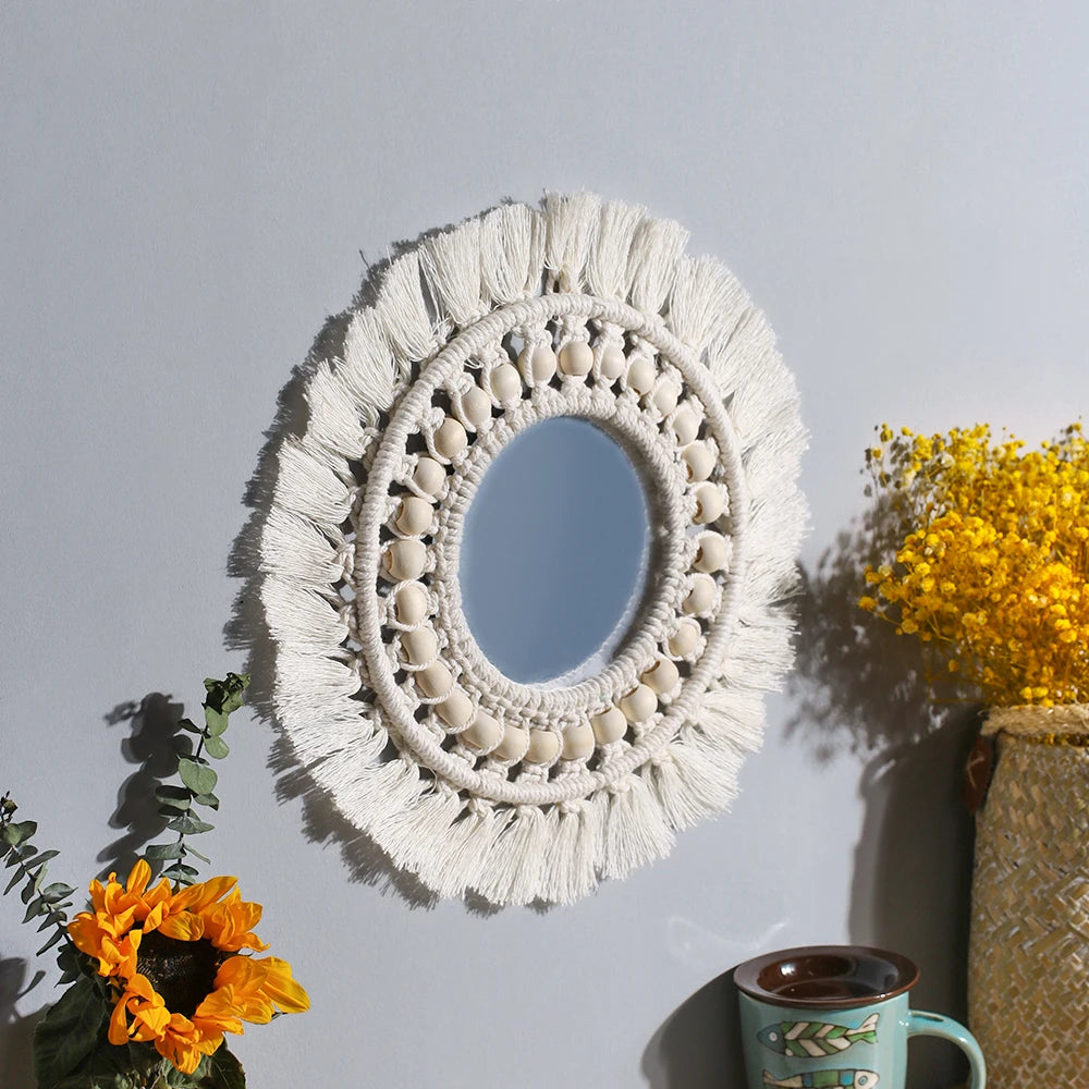 Boho Macrame Fringe Round Wall Mirror