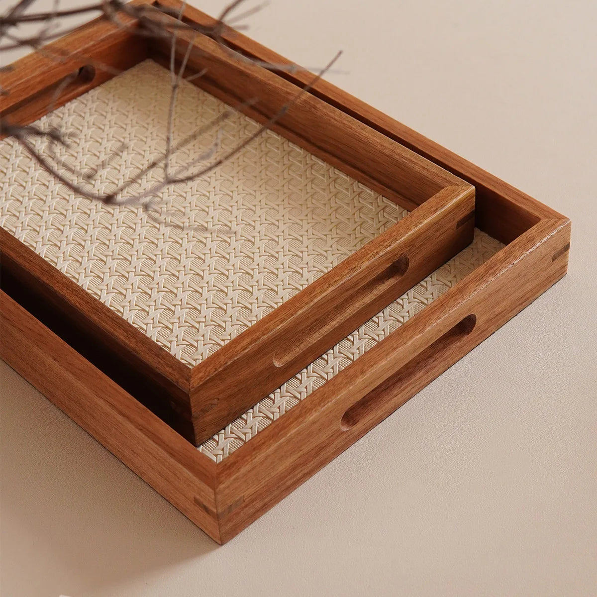 Walnut-Finish Wood Vanity Tray with Woven Rattan-Look Base