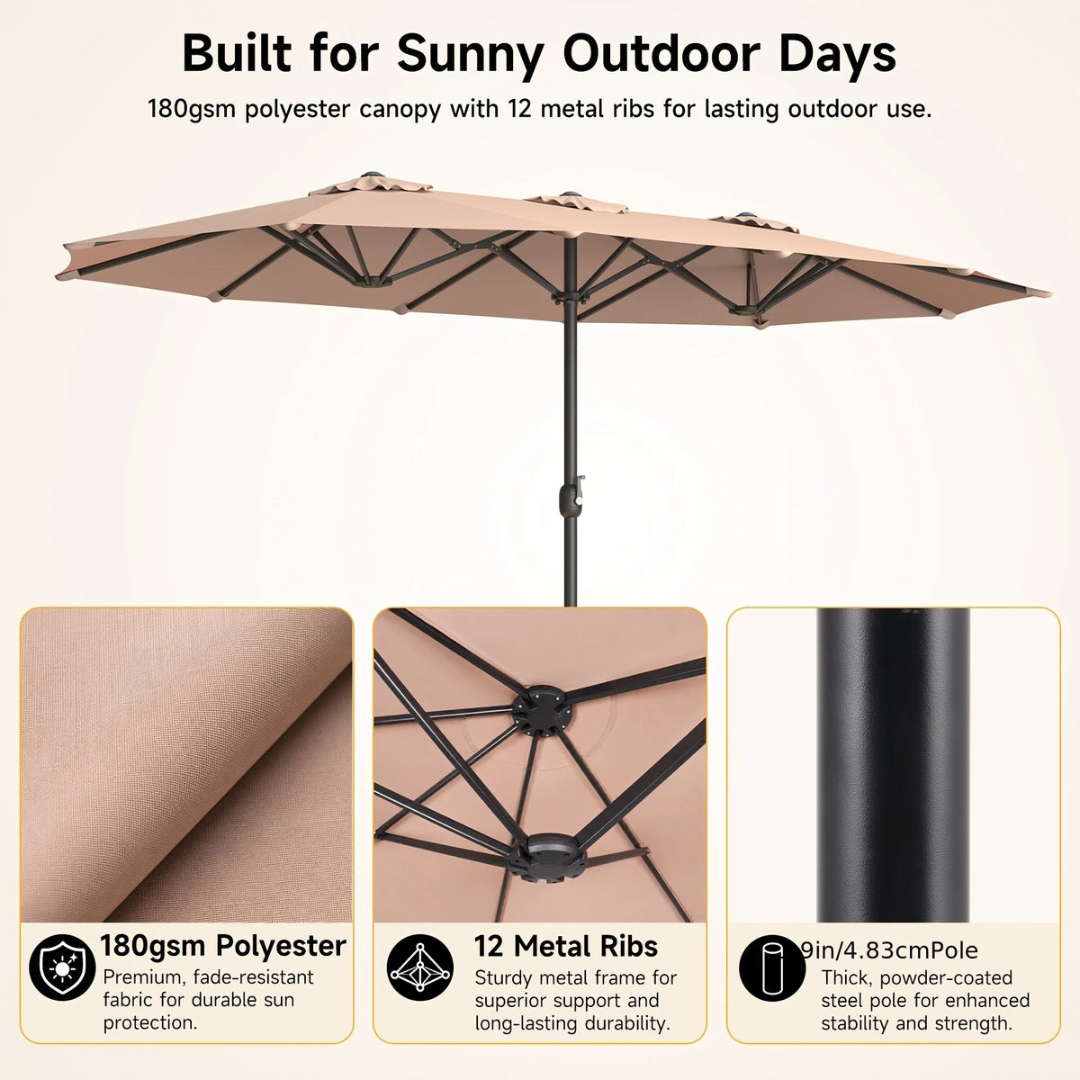 15 ft Double-Sided Rectangle Patio Umbrella with Base – Beige