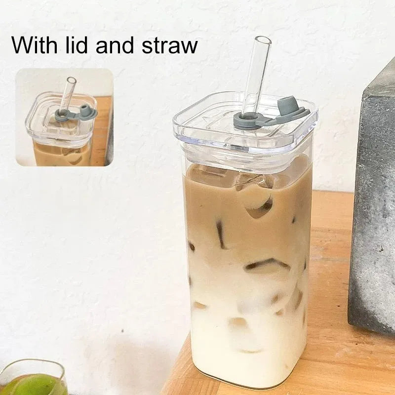Square Glass Iced Coffee Cup with Lid & Straw