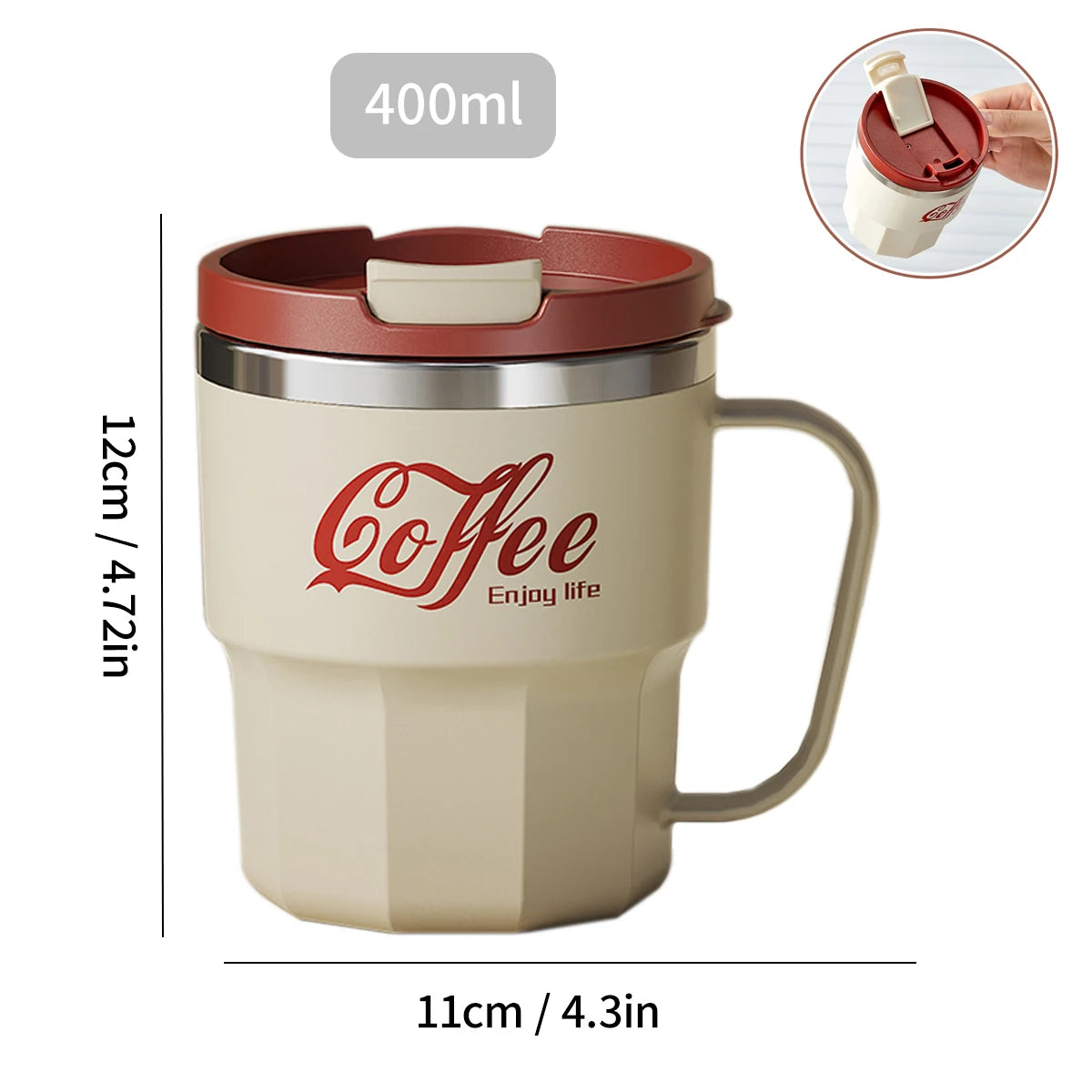 Insulated Stainless Steel Coffee Mug with Lid & Handle (13.5oz)