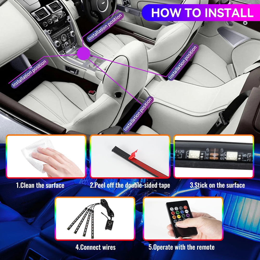 RGB Footwell Ambient Light Kit, 4 Strips with App & Remote (USB or 12V)