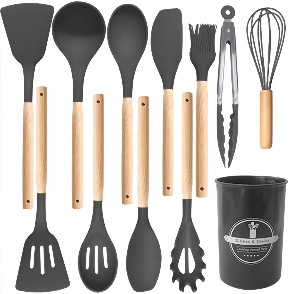 12-Piece Silicone Cooking Utensil Set with Wooden Handles & Holder