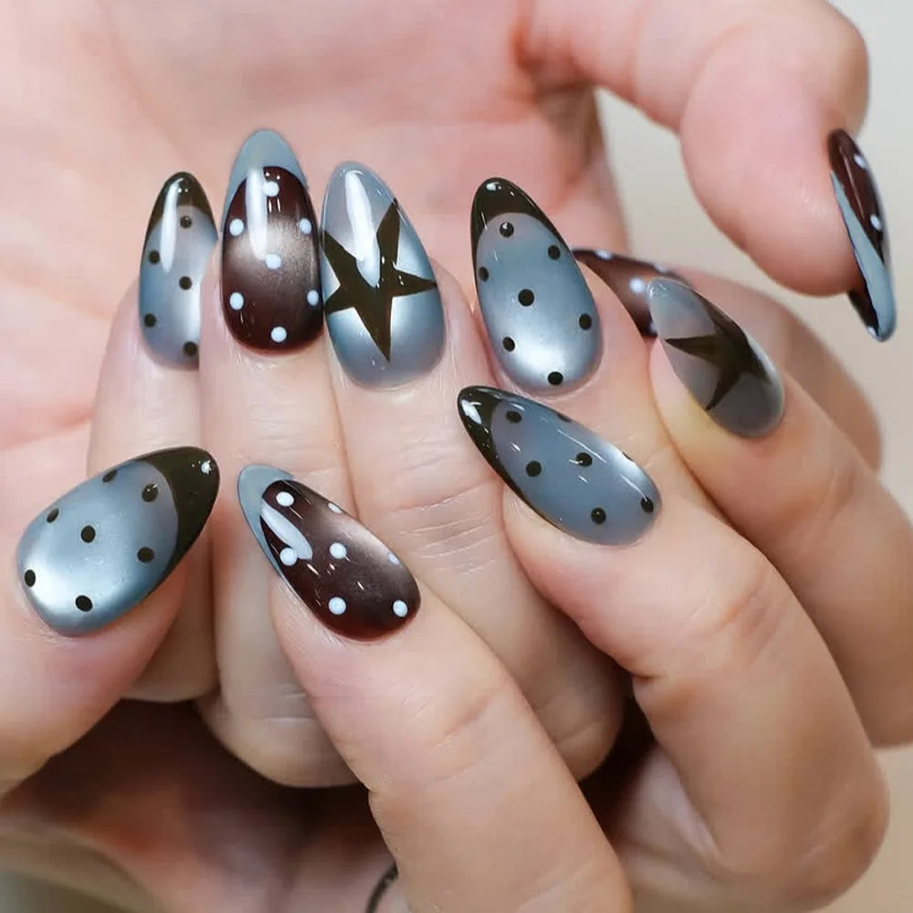 Glossy Cat-Eye Almond Press-On Nails, 24 pcs (12 Sizes)