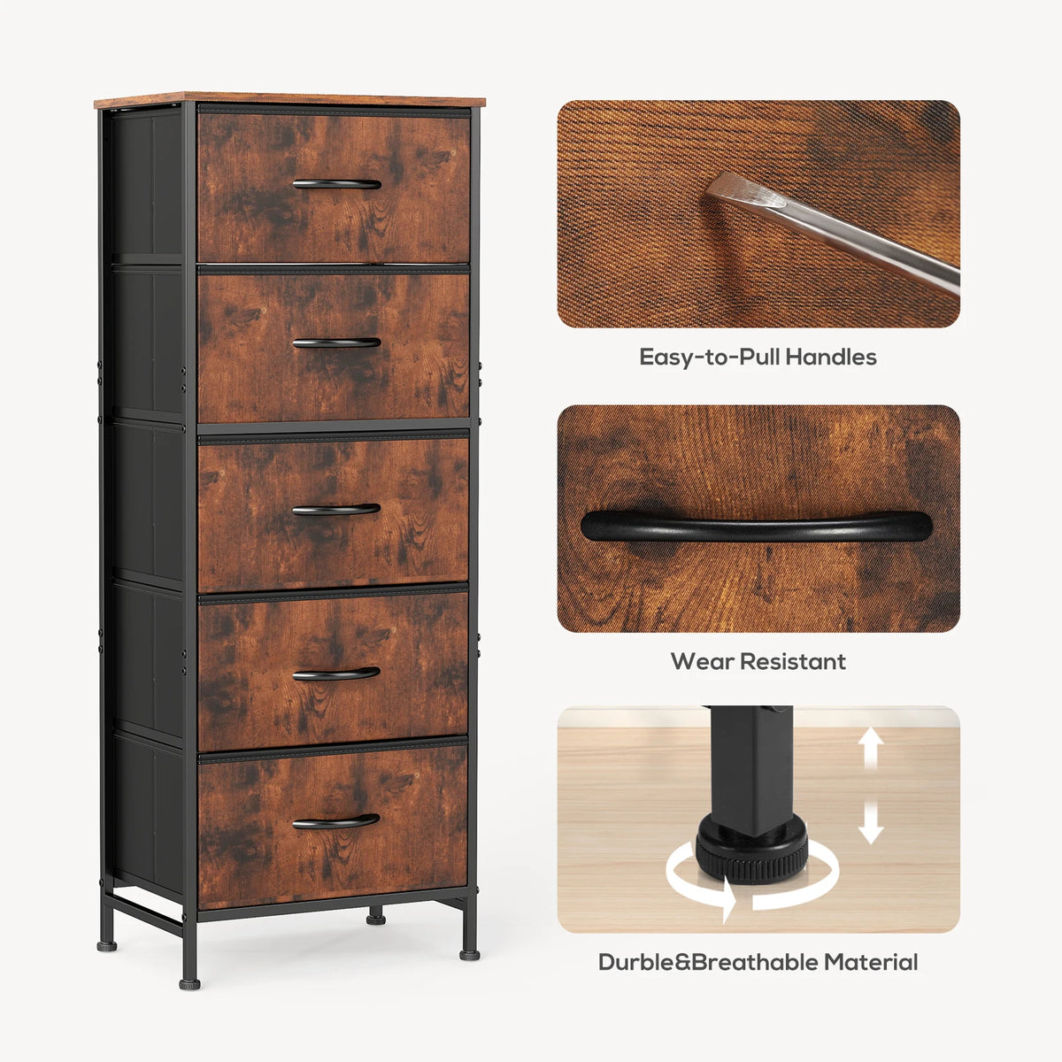 Modern 5-Drawer Fabric Dresser with Steel Frame