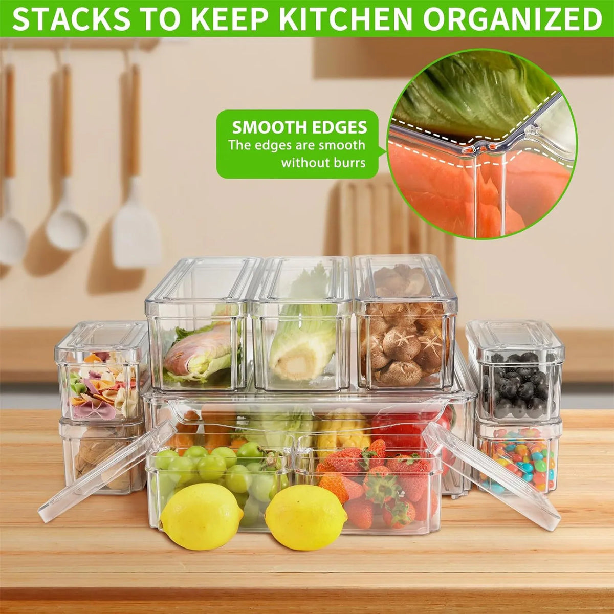 Clear stackable fridge bins keeping the kitchen organized
