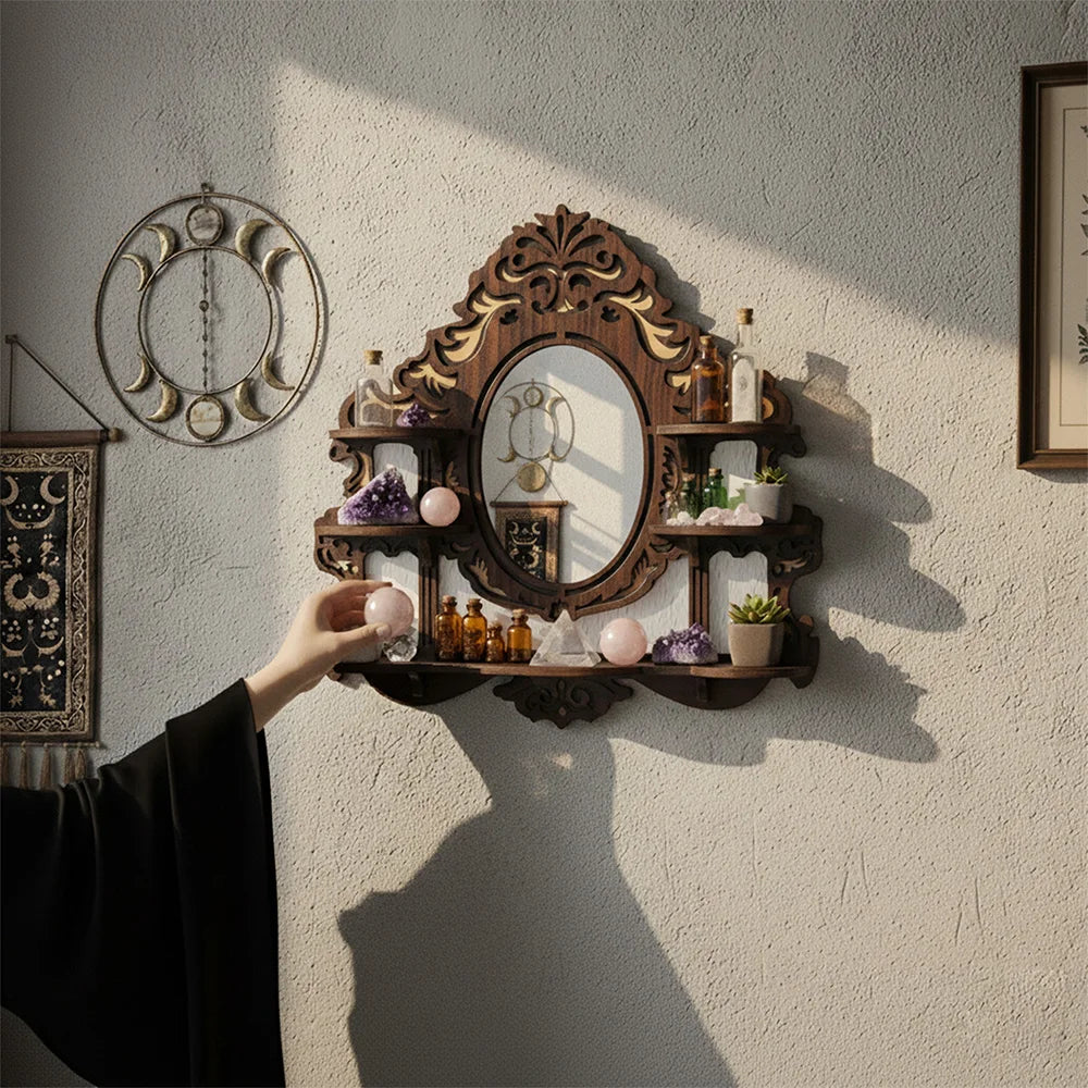 Ornate Wood Oval Mirror with Display Shelves