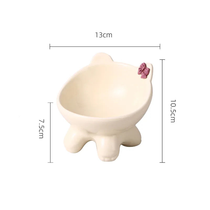 Tilted Ceramic Cat Bowl with Bow - Elevated Feeding Dish