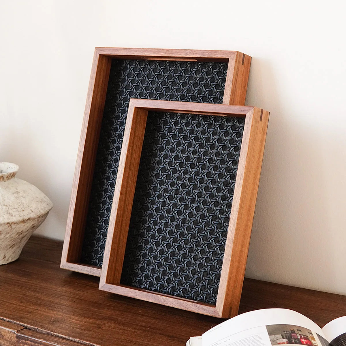 Walnut-Finish Wood Vanity Tray with Woven Rattan-Look Base