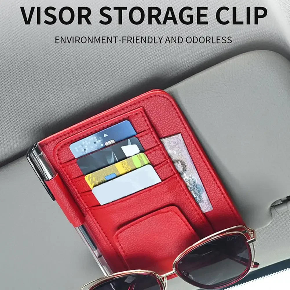 Leather Sun Visor Organizer - Card, Pen & Sunglasses Holder
