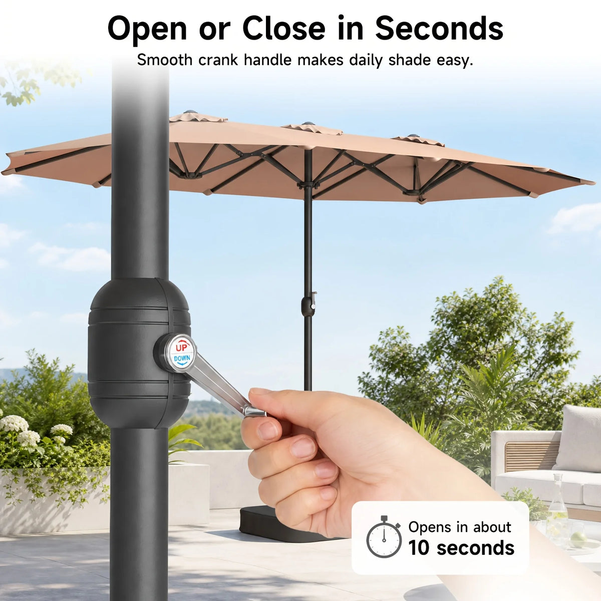 15 ft Double-Sided Rectangle Patio Umbrella with Base – Beige