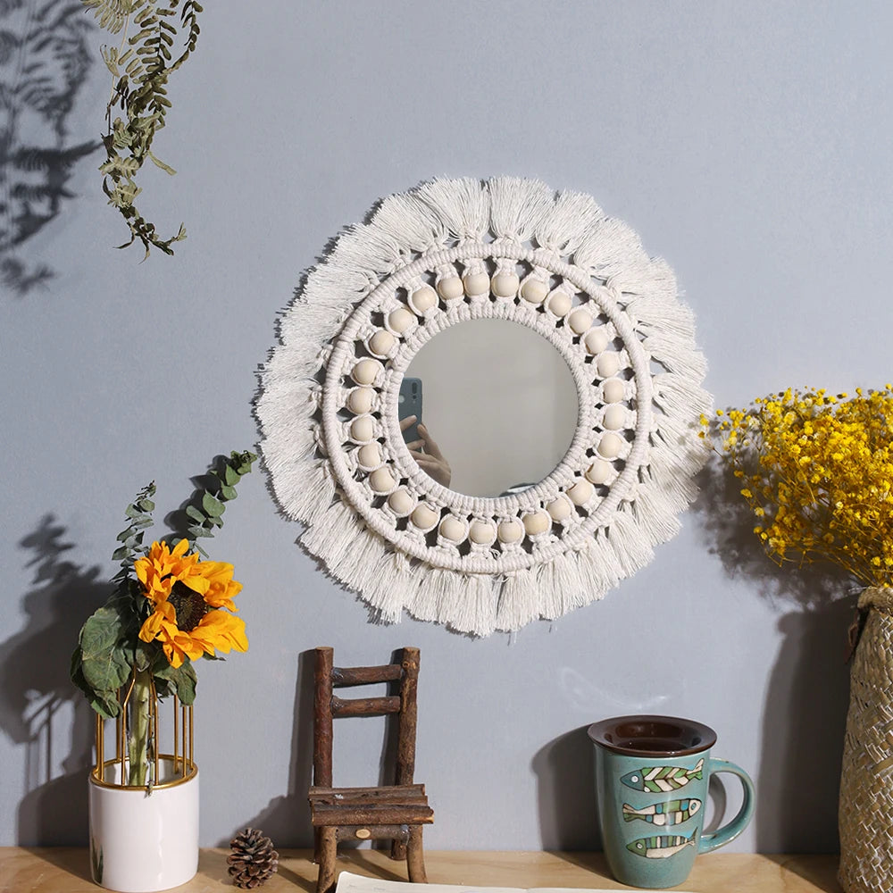 Boho Macrame Fringe Round Wall Mirror