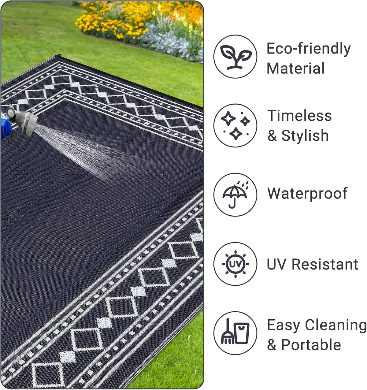 Reversible Outdoor Patio Rug 8' x 10' – Waterproof Plastic Straw Mat, Black & White