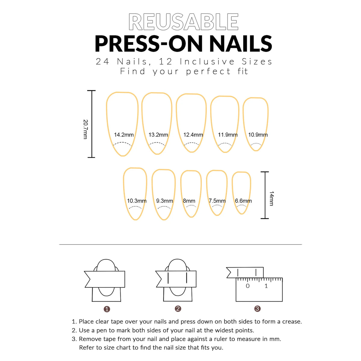 Glossy Cat-Eye Almond Press-On Nails, 24 pcs (12 Sizes)