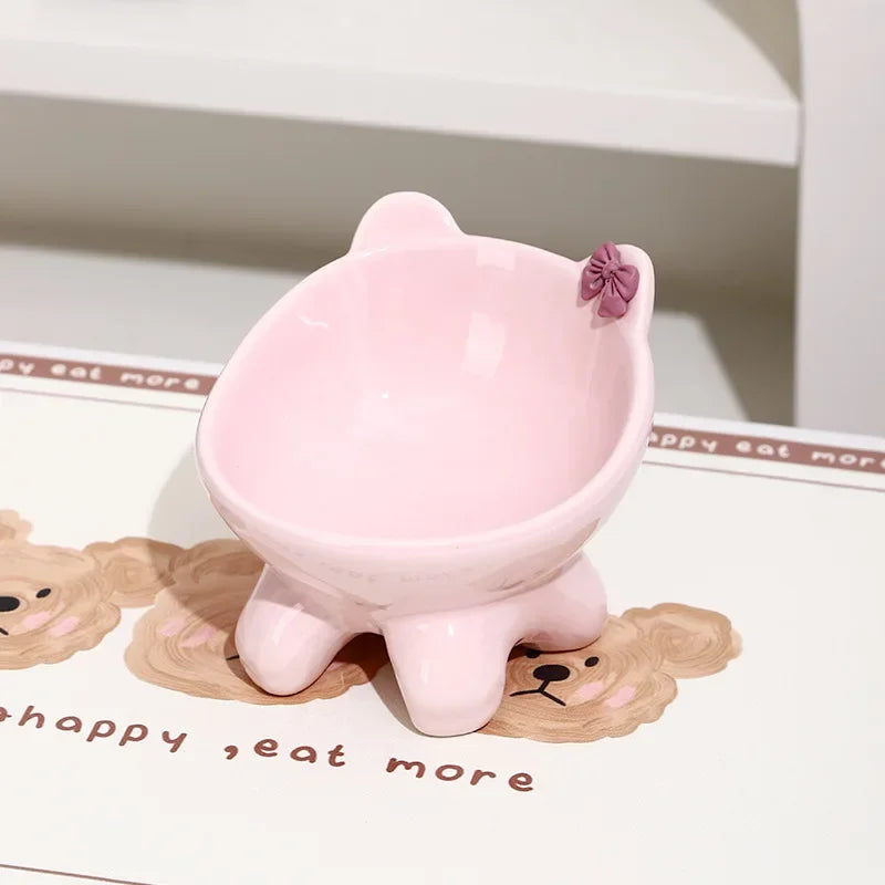Tilted Ceramic Cat Bowl with Bow - Elevated Feeding Dish