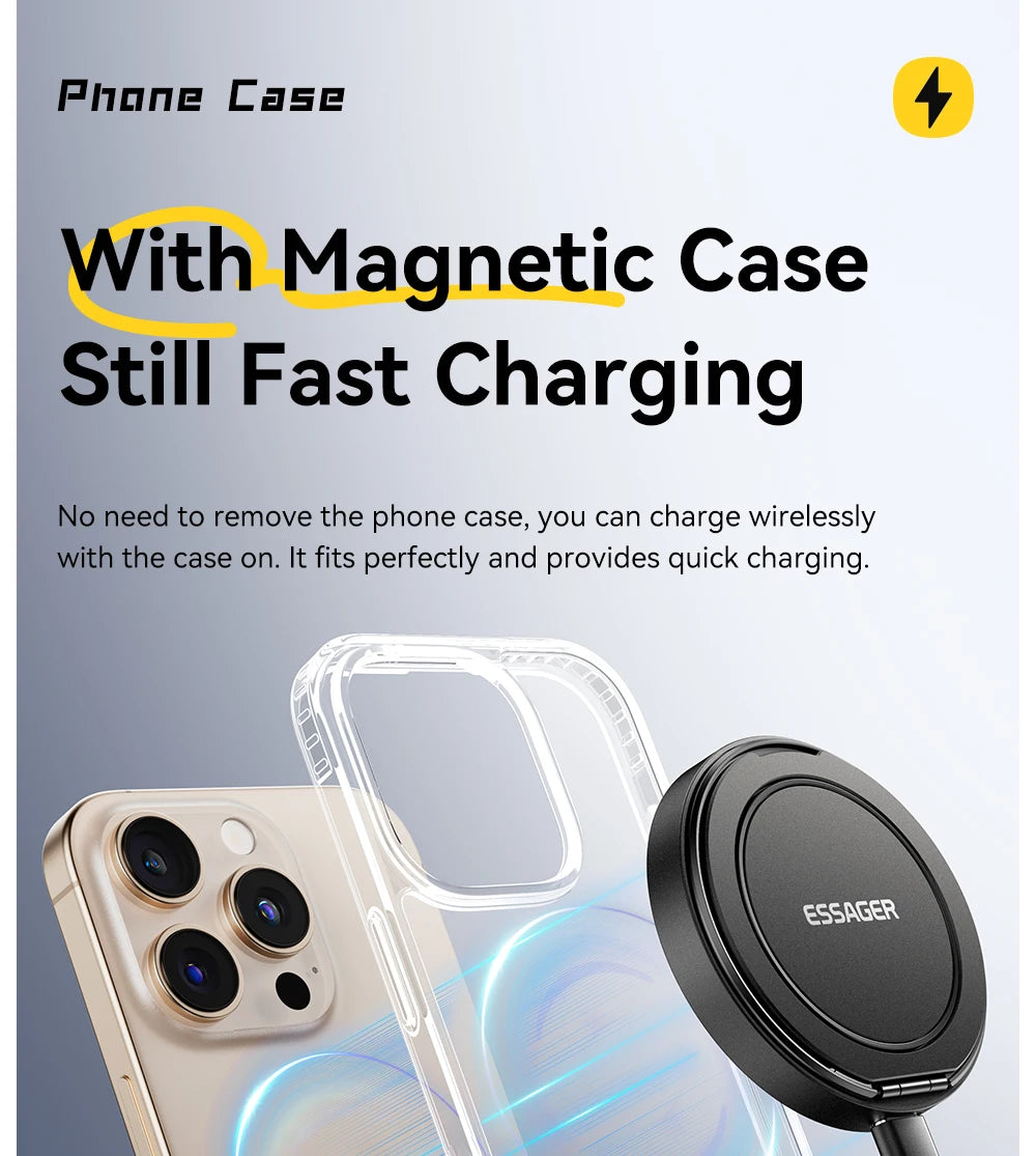 ESSAGER charger attached to a phone through a compatible magnetic case.