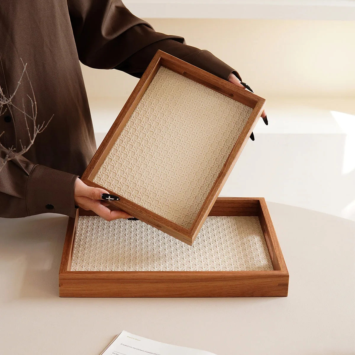 Walnut-Finish Wood Vanity Tray with Woven Rattan-Look Base