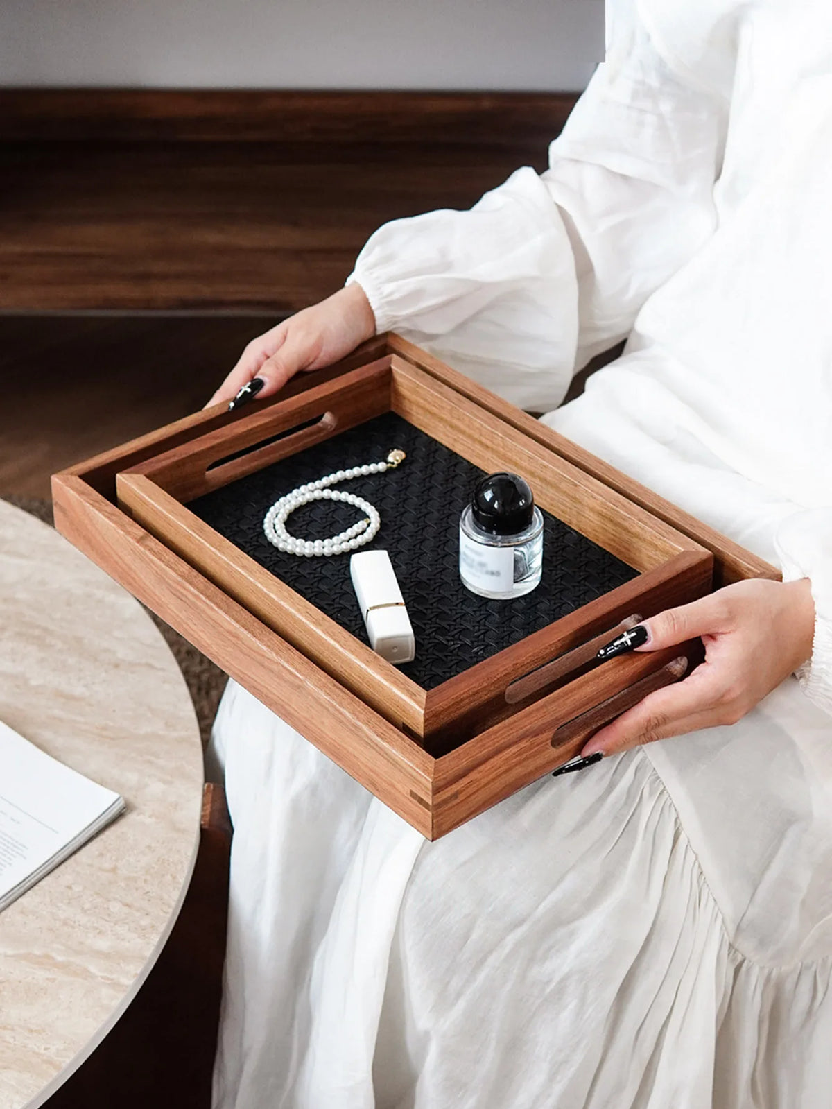 Walnut-Finish Wood Vanity Tray with Woven Rattan-Look Base