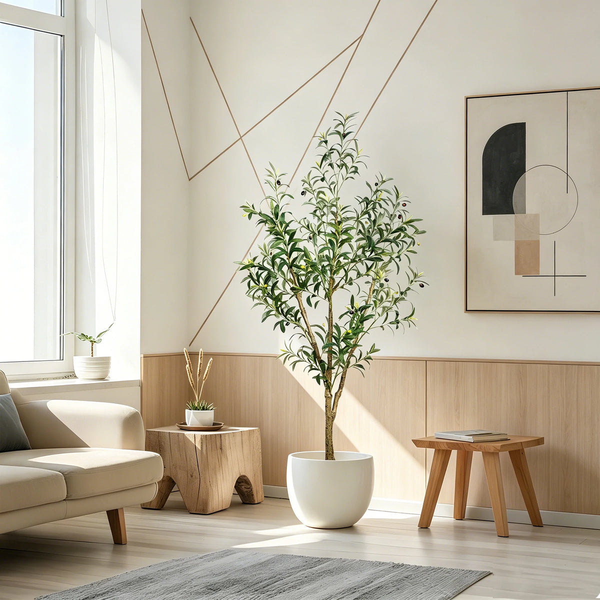 Artificial Olive Tree in Black Pot – Faux Indoor Olive Plant with Natural Wood Trunk, 5–8 ft
