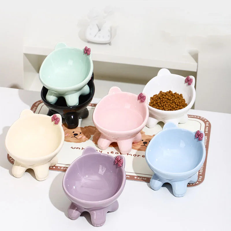 Tilted Ceramic Cat Bowl with Bow - Elevated Feeding Dish
