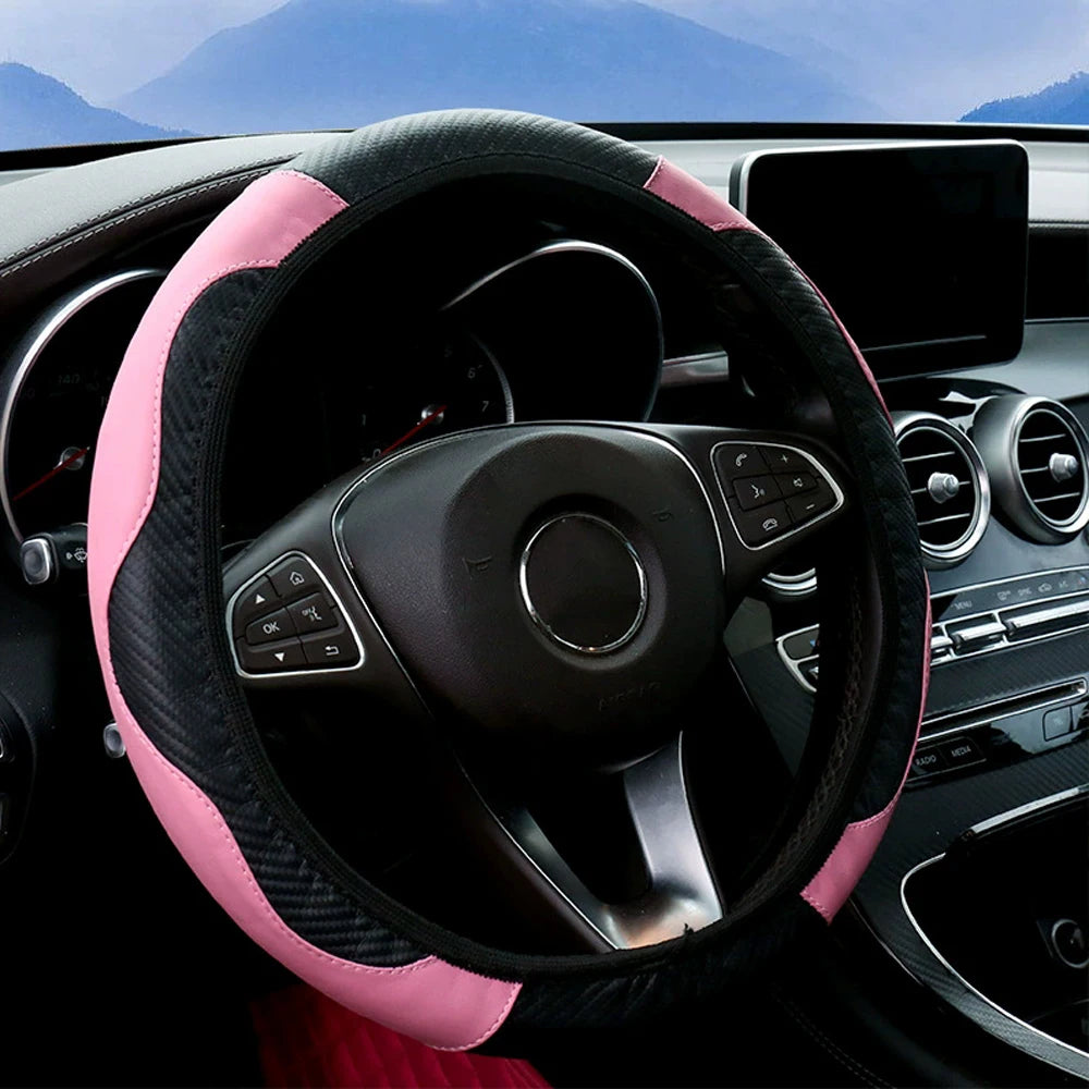 Carbon Fiber Texture Leather Steering Wheel Cover - Universal 15"