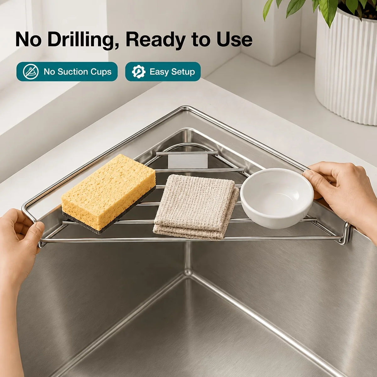 Stainless Steel Sink Corner Rack for Sponges & Brushes
