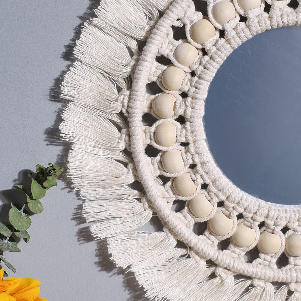 Boho Macrame Fringe Round Wall Mirror