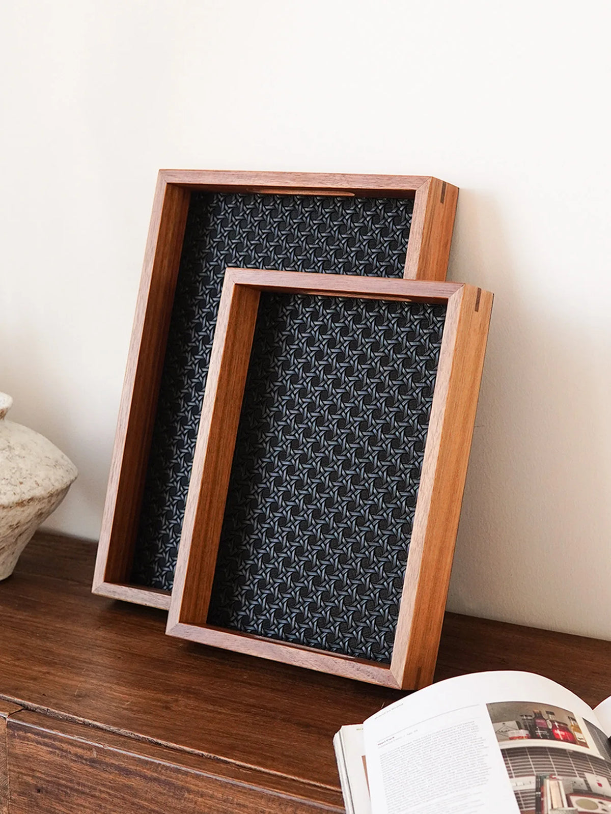 Walnut-Finish Wood Vanity Tray with Woven Rattan-Look Base