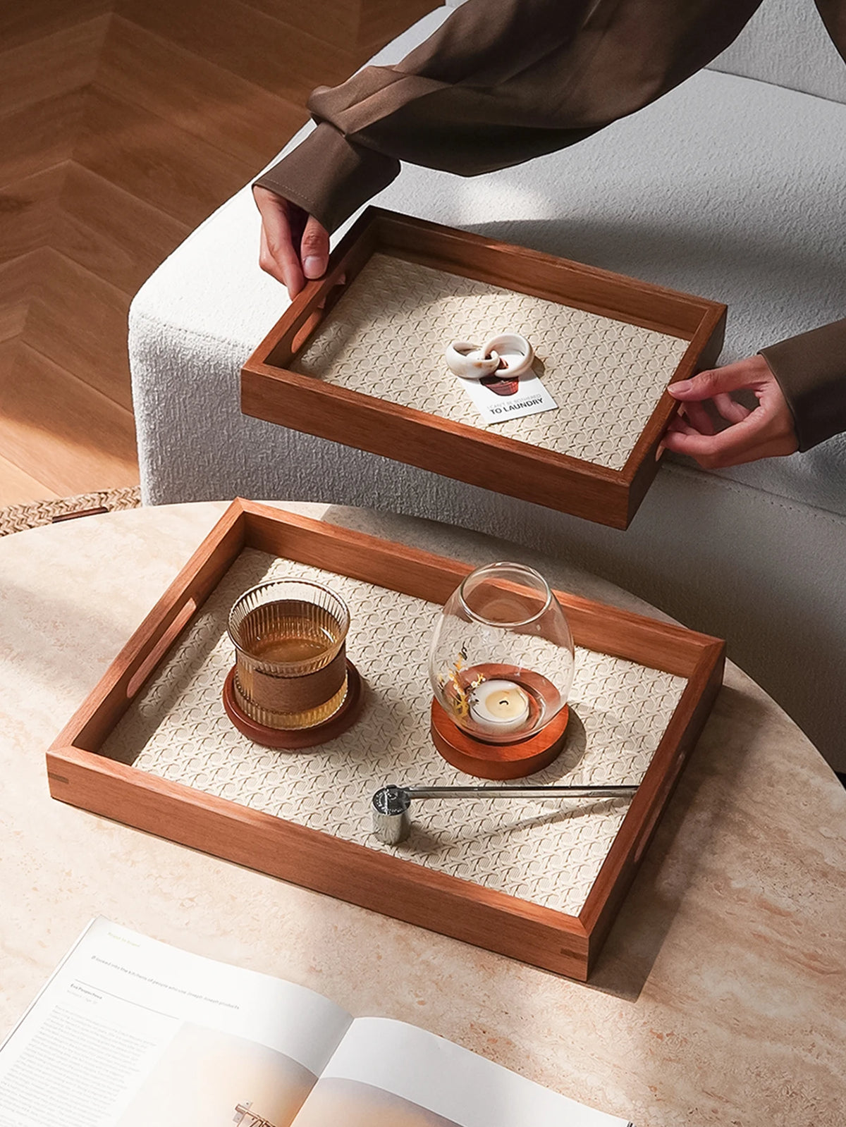 Walnut-Finish Wood Vanity Tray with Woven Rattan-Look Base