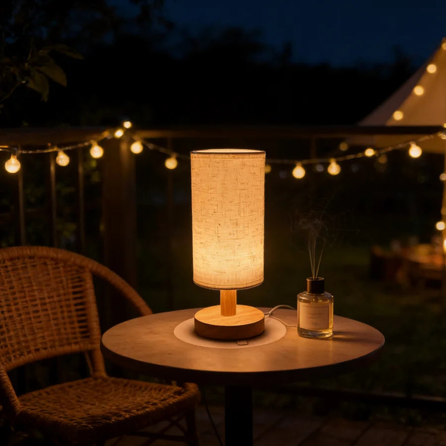 Linen Shade Wooden Bedside Lamp – USB Powered, Dimmable