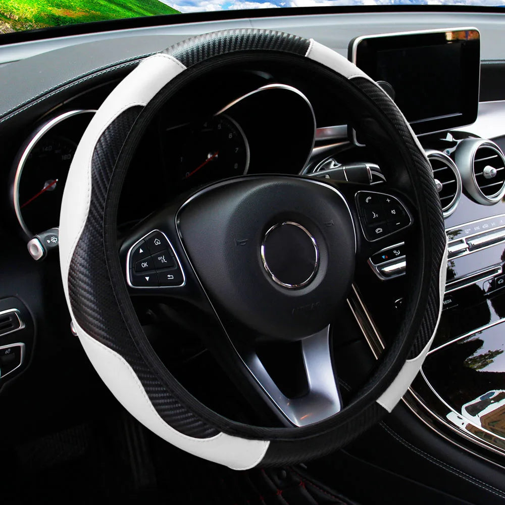 Carbon Fiber Texture Leather Steering Wheel Cover - Universal 15"