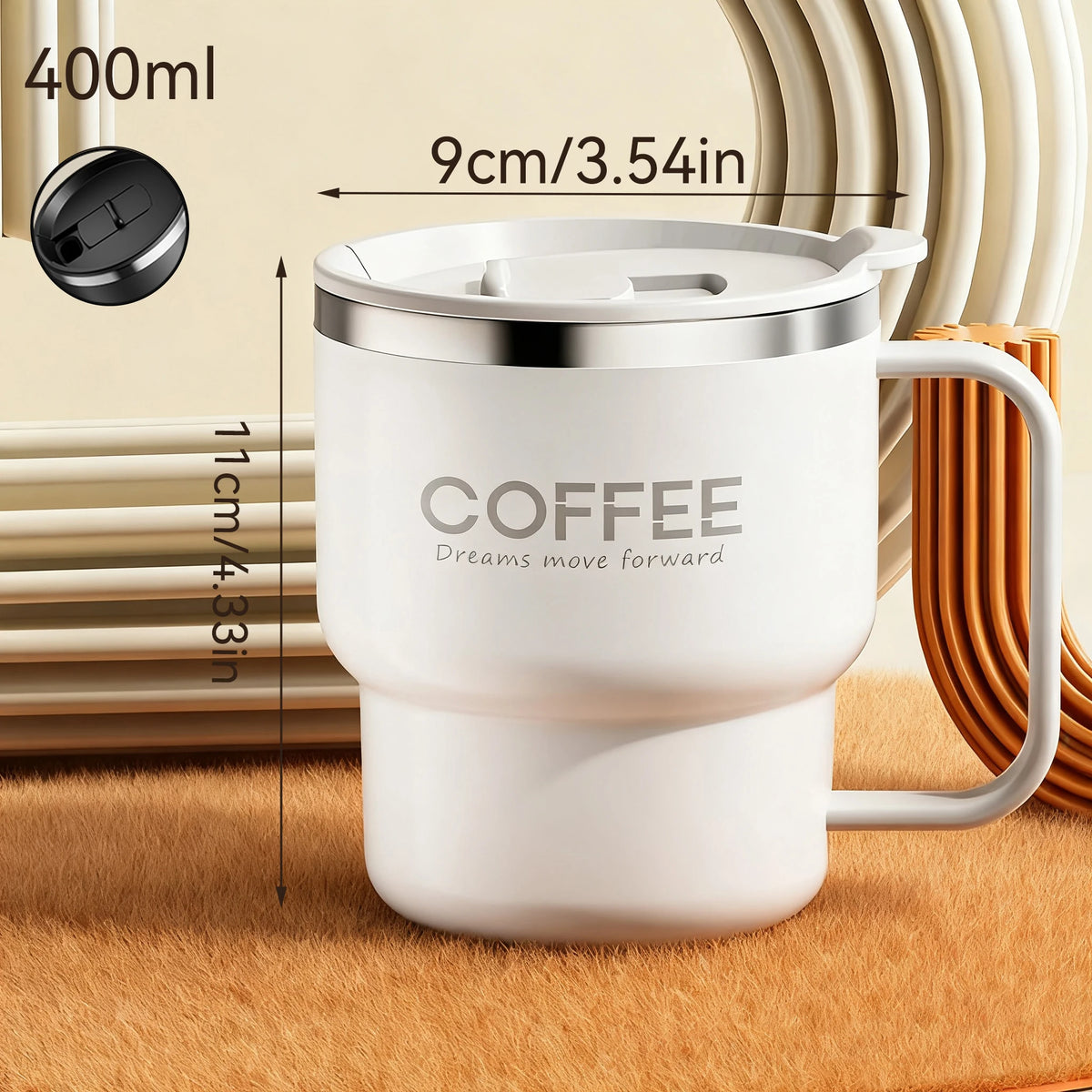 Insulated Stainless Steel Coffee Mug with Lid & Handle (13.5oz)