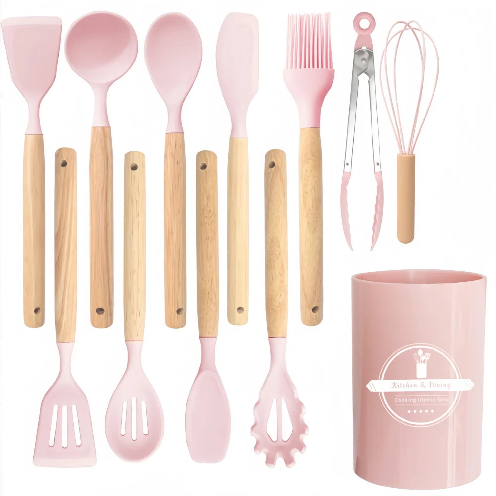 12-Piece Silicone Cooking Utensil Set with Wooden Handles & Holder