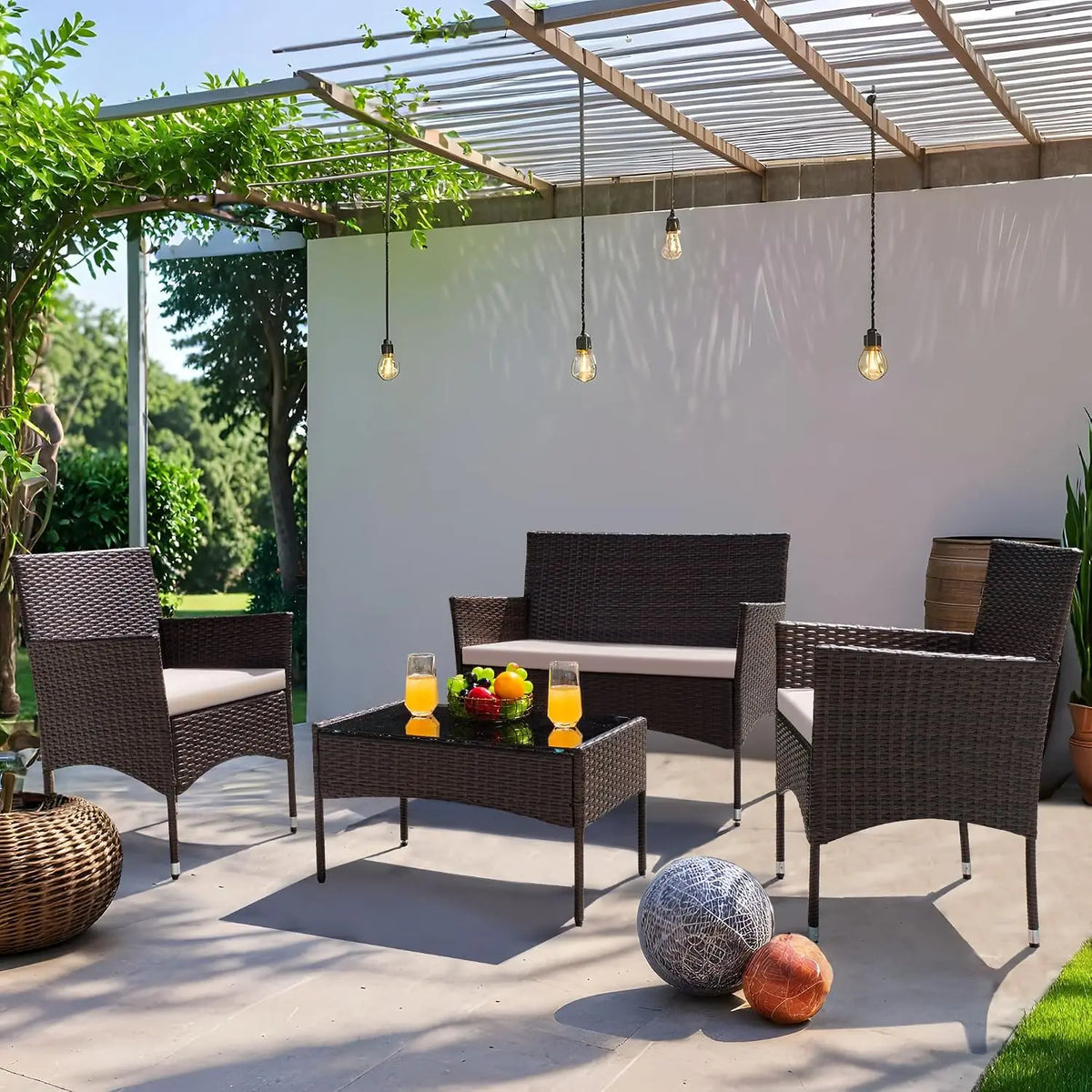 4-Piece Wicker Patio Conversation Set – Loveseat, 2 Armchairs & Glass-Top Coffee Table