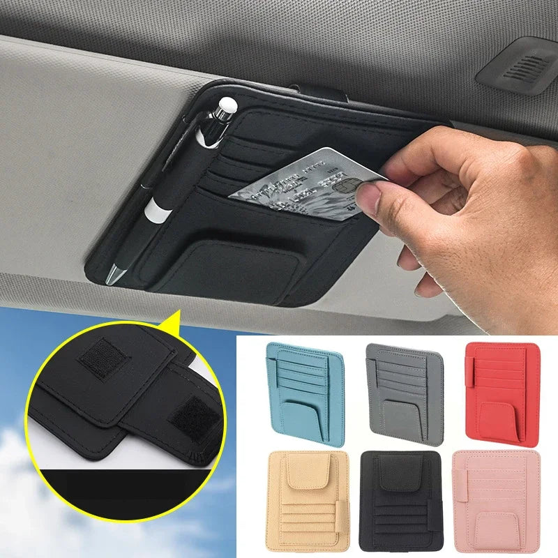 Leather Sun Visor Organizer - Card, Pen & Sunglasses Holder