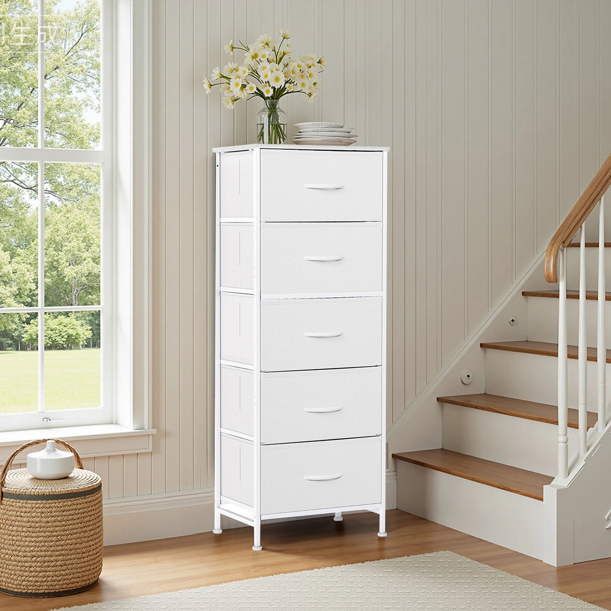 Modern 5-Drawer Fabric Dresser with Steel Frame