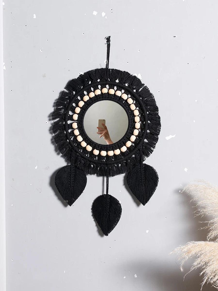 Boho Macrame Fringe Round Wall Mirror