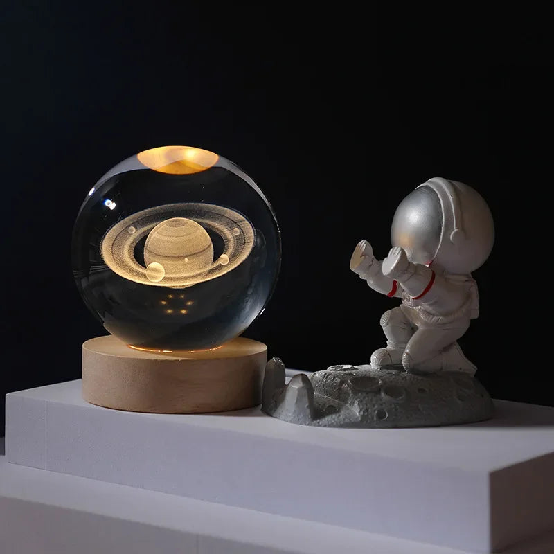 3D Saturn Crystal Ball Night Light with Wood Base