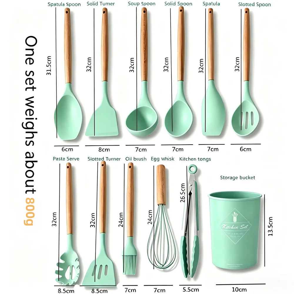 12-Piece Silicone Cooking Utensil Set with Wooden Handles & Holder