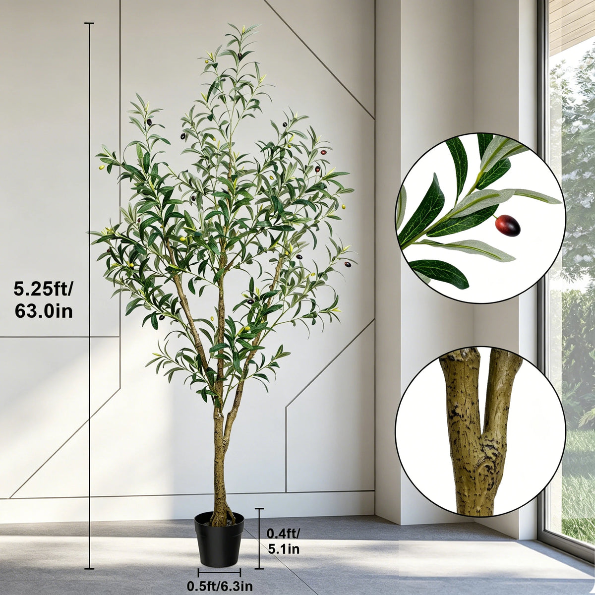 Artificial Olive Tree in Black Pot – Faux Indoor Olive Plant with Natural Wood Trunk, 5–8 ft
