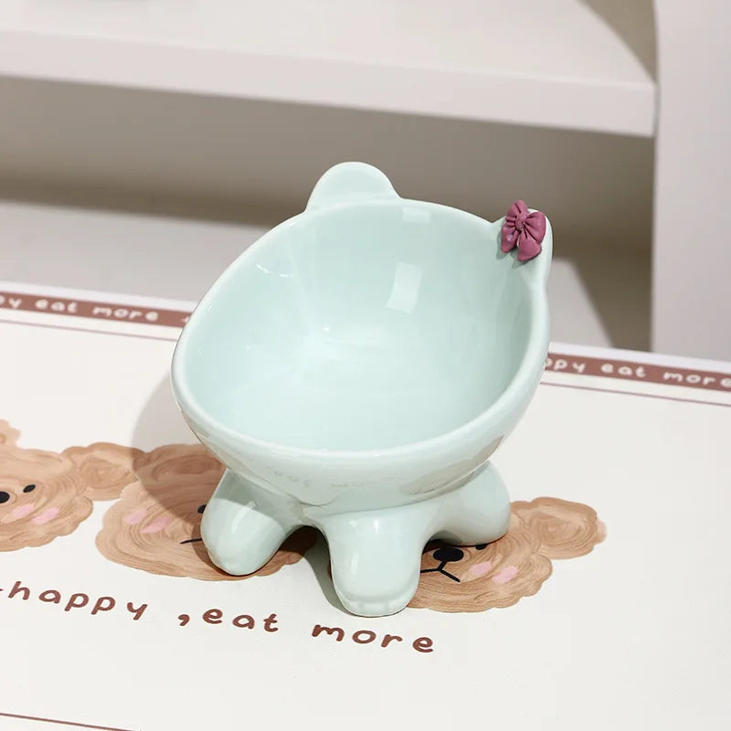 Tilted Ceramic Cat Bowl with Bow - Elevated Feeding Dish