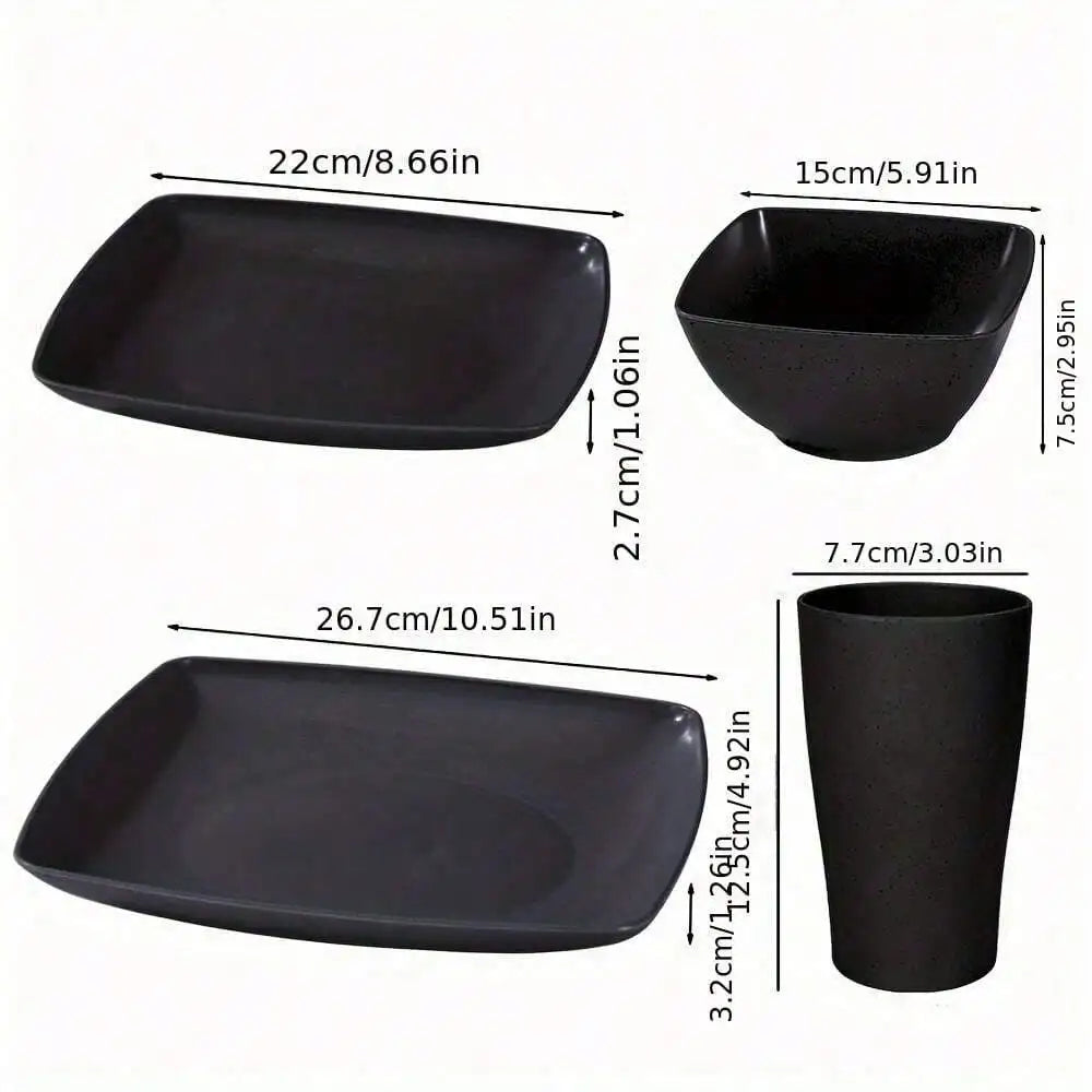 16-Piece Square Wheat Straw Dinnerware Set for 4, Matte Black